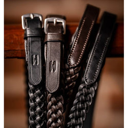 Horseware Plaited Reins Braided Leather Show Hunter Tack Black/Brown Pony-Full