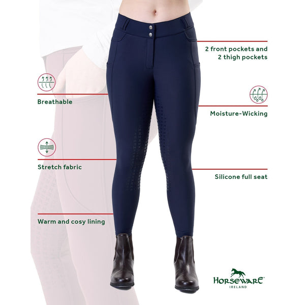 Horseware Ladies Flexfit Stretchy Warm Winter Breeches Silicone Full Seat 24-38