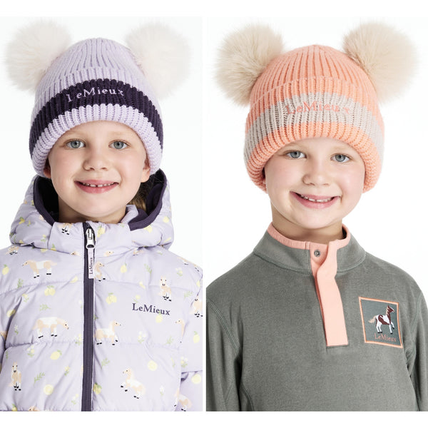 LeMieux Mini Double Pom Beanie Kids Soft Warm Snuggly Micro Fleece Winter Hat