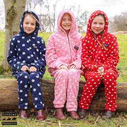 Supreme Products Kids Dotty Fleece OnePiece Childs Soft Cosy Red/Pink/Navy/Green