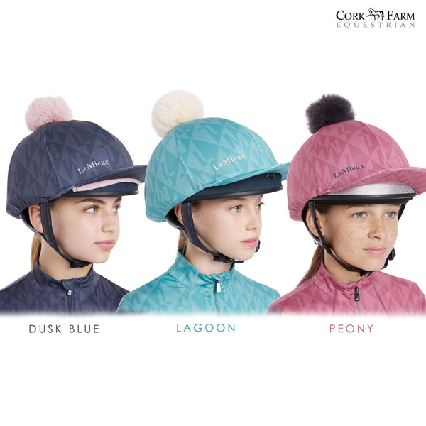 LeMieux Clea Hat Silk Removable Pom Pom Lycra Skull Cap Cover Dusk Lagoon Peony
