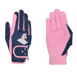 Hy Little Unicorn Gloves By Little Rider Pink/Navy Childrens Riding Gloves XL