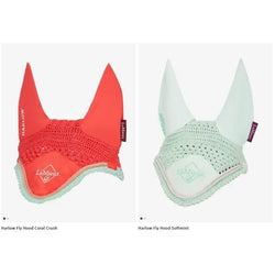LeMieux Harlow Fly Hood Veil Braided Crochet Suede Ear Net Softmint/Coral S/M