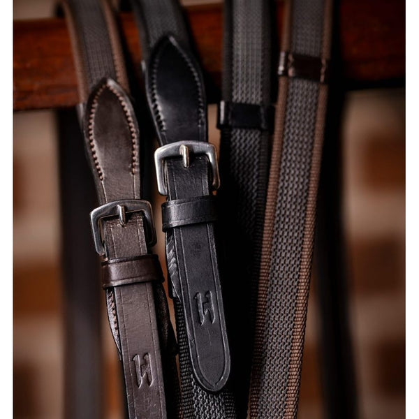 Horseware Rubber Grip Continental Reins Grippy Webbing Black/Brown Pony/SP/Horse