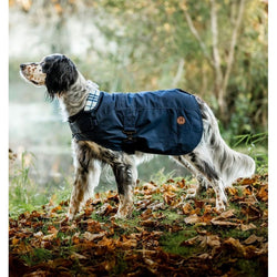 Horseware Newmarket Heritage Waxed Cotton Fleece Lined Warm Dog Coat Navy/Brown