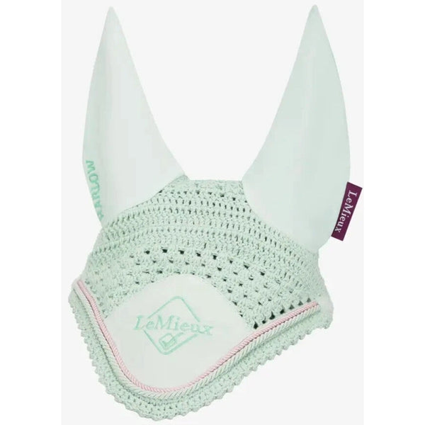 LeMieux Harlow Fly Hood Veil Braided Crochet Suede Ear Net Softmint/Pink S/M