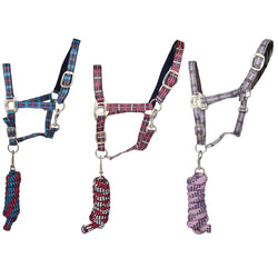 Hy Equestrian Tartan Head Collar with Lead Rope Set Padded Comfort Pony/Cob/Full