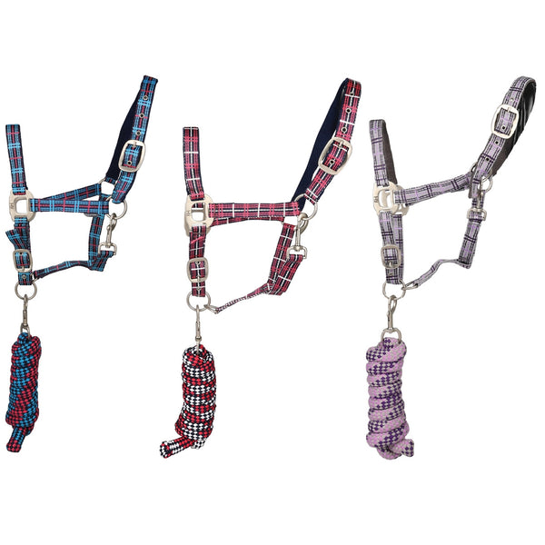 Hy Equestrian Tartan Head Collar with Lead Rope Set Padded Comfort Pony/Cob/Full