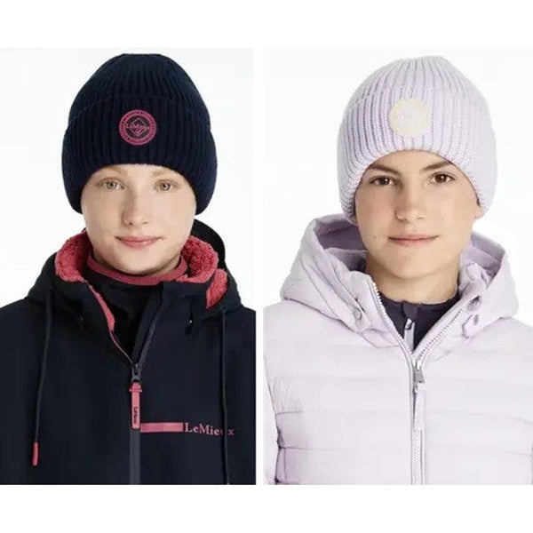 LeMieux Bodie Beanie Soft Warm Snuggly RibKnit Microfleece Winter Hat Lilac/Navy