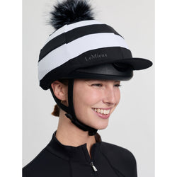 LeMieux Derby Pom Hat Silk Striped Lycra XC Skull Cap Cover Black/White