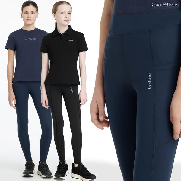 LeMieux Young Rider Darla Sport Leggings Pull On Teens Kids Joddings Black/Navy