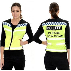 Equisafety Lightweight Polite Reflective Hi-Vis Waistcoat Please Slow Down S-XXL