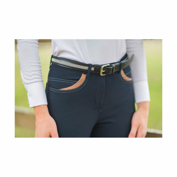 Hy Equestrian Malvern Ladies Breeches Alos Knee Patches Navy/Caramel 24-34
