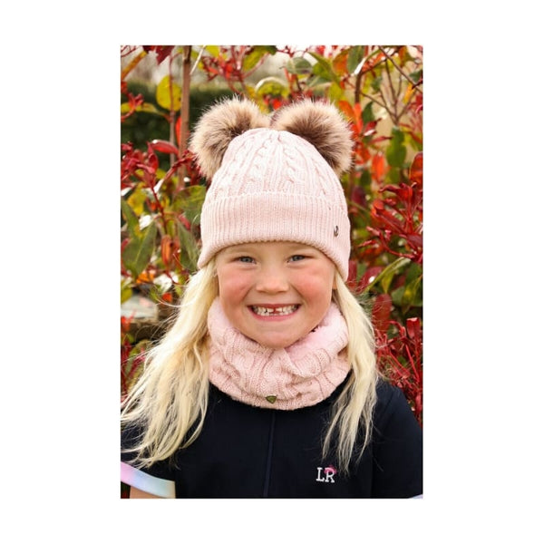 Hy Equestrian Morzine Children's Bobble Hat and Snood Bundle Set Beige/Grey/Pink