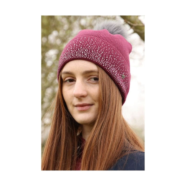 Hy Equestrian Synergy Diamante Bobble Hat Sparkly Wooly Hat With Faux Fur PomPom